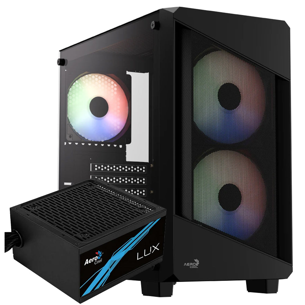AeroCool B312F Flow ARGB Gaming Mini Tower Case + Lux 80 Plus Bronze Power Supply 550W - Black