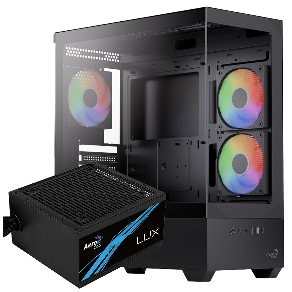 AeroCool P500D ARGB Gaming Mid Tower Case + Lux 80 Plus Bronze Power Supply 650W - Black