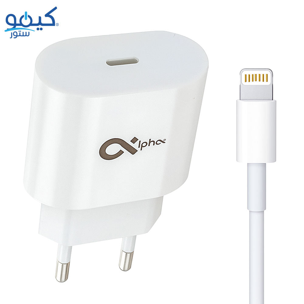 شاحن حائط الفا بمنفذ تايب سي مع كابل لايتنينج بقوة 20 وات شحن سريع P20 - أبيض