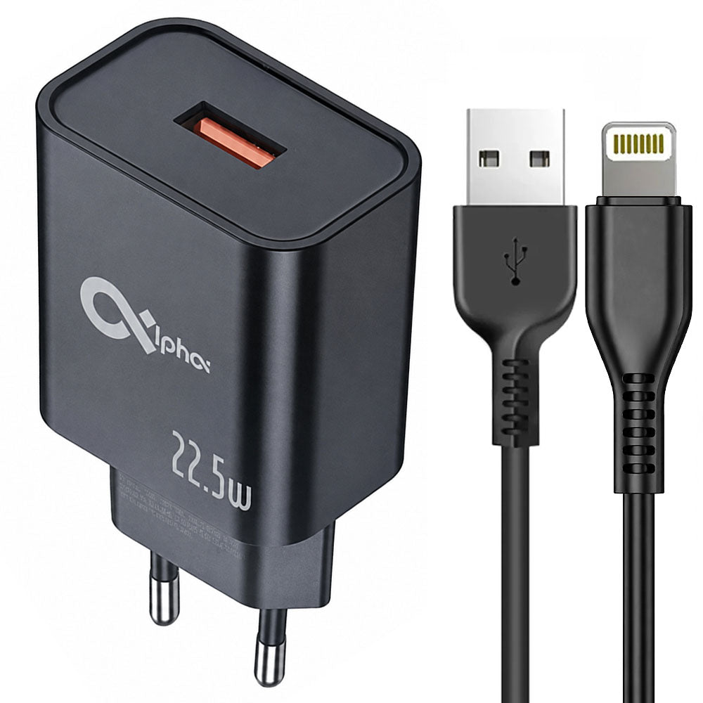 Alpha Super C22 Wall Charger Lightning Cable 22.5W Fast Charging - Black