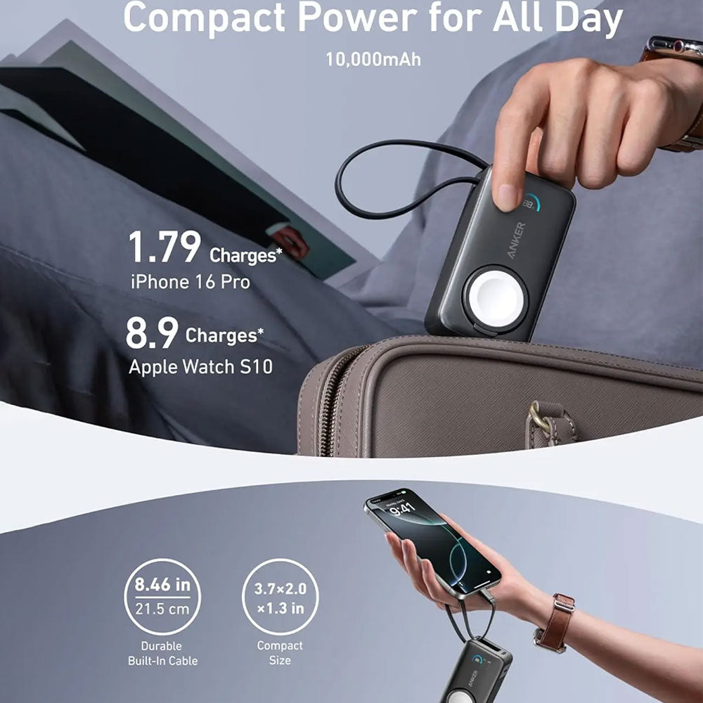 باور بانك انكر MagGo لاسلكي مغناطيسي بمنفذ تايب سي 35 وات 10000 مللي أمبير شحن سريع كابل تايب سي مدمج مع شاحن الساعة 10K A1657H11 - اسود