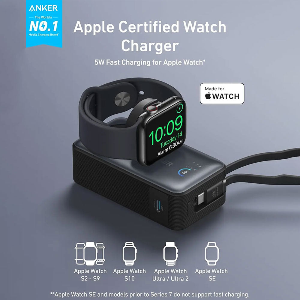 باور بانك انكر MagGo لاسلكي مغناطيسي بمنفذ تايب سي 35 وات 10000 مللي أمبير شحن سريع كابل تايب سي مدمج مع شاحن الساعة