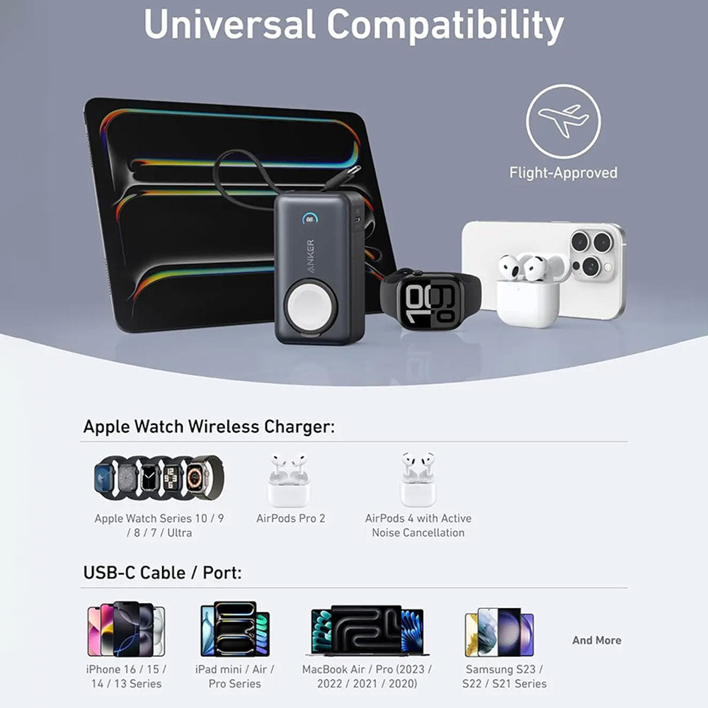 باور بانك انكر MagGo لاسلكي مغناطيسي بمنفذ تايب سي 35 وات 10000 مللي أمبير شحن سريع كابل تايب سي مدمج مع شاحن الساعة 10K A1657H11