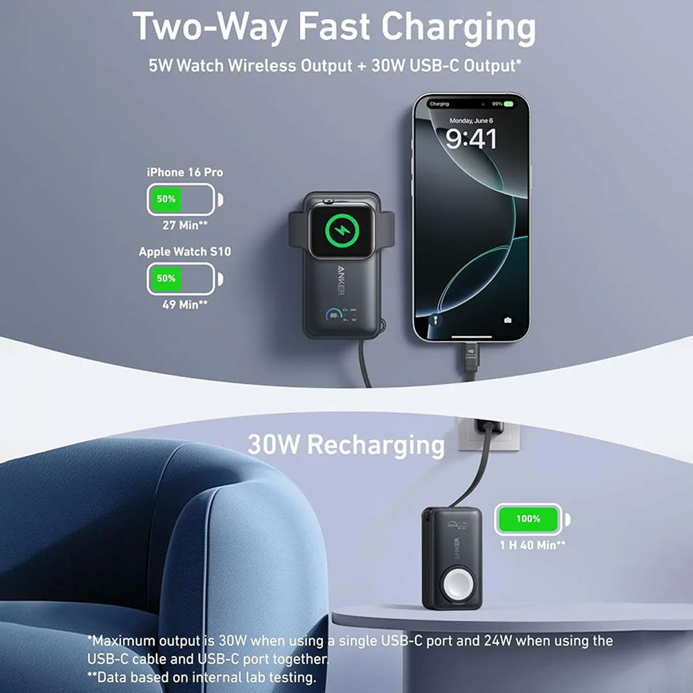 Anker 10K A1657H11 MagGo Magnetic Wireless Power Bank Type-C 35W Fast Charging 10000mAh Built in Type-C Cable With Watch Charger