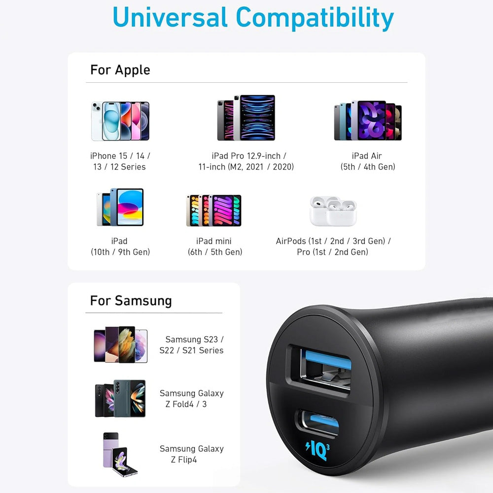 Anker A2741H11 Car Charger Type-C + USB 30W Fast Charging - Black