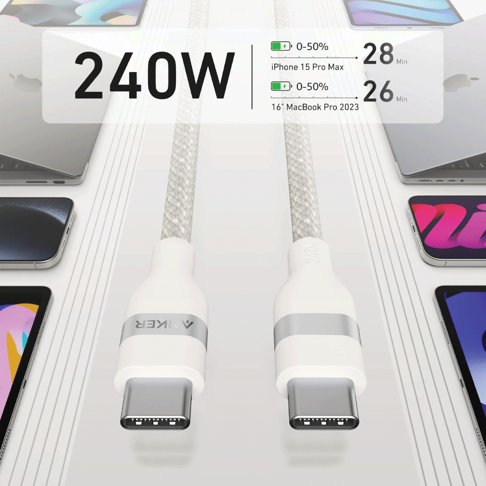 كابل شاحن موبايل انكر PD تايب سي إلى تايب سي بقوة 240 وات شحن سريع