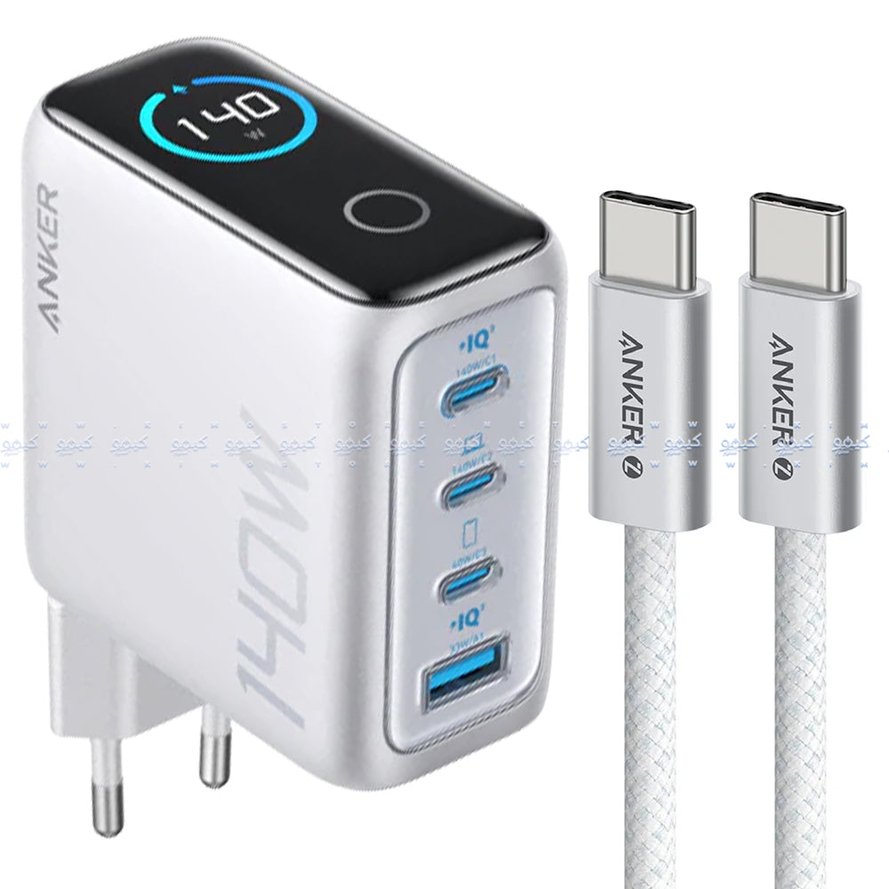 Anker B2697G41 Wall Charger 3x PD Type-C + USB + Type-C Cable 140W Fast Charging - Silver