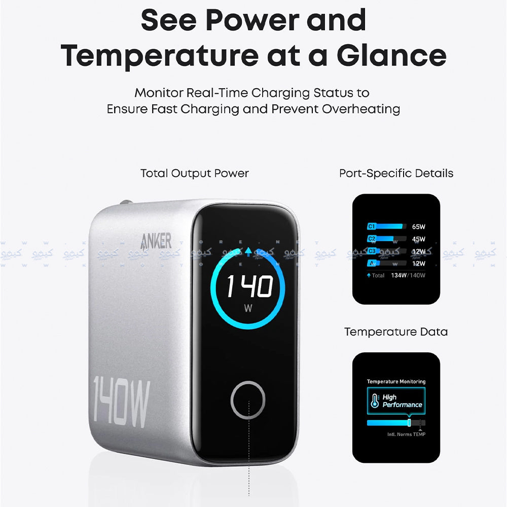 Anker B2697G41 Wall Charger 3x PD Type-C + USB + Type-C Cable 140W Fast Charging - Silver