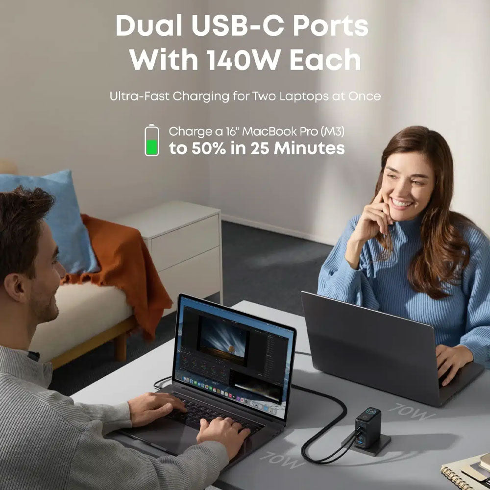 شاحن حائط انكر 3 منافذ تايب سي PD + منفذ يو اس بي مع كابل تايب سي بقوة 140 وات شحن سريع B2697GZ1 - رمادي غامق