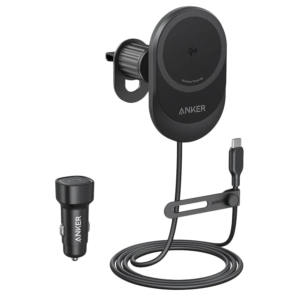 Anker B2932H11 MagGo Magnetic Wireless Charger Car Phone Holder 15W With Built-In Type-C Cable + Car Charger 25W Fast Charging - Black