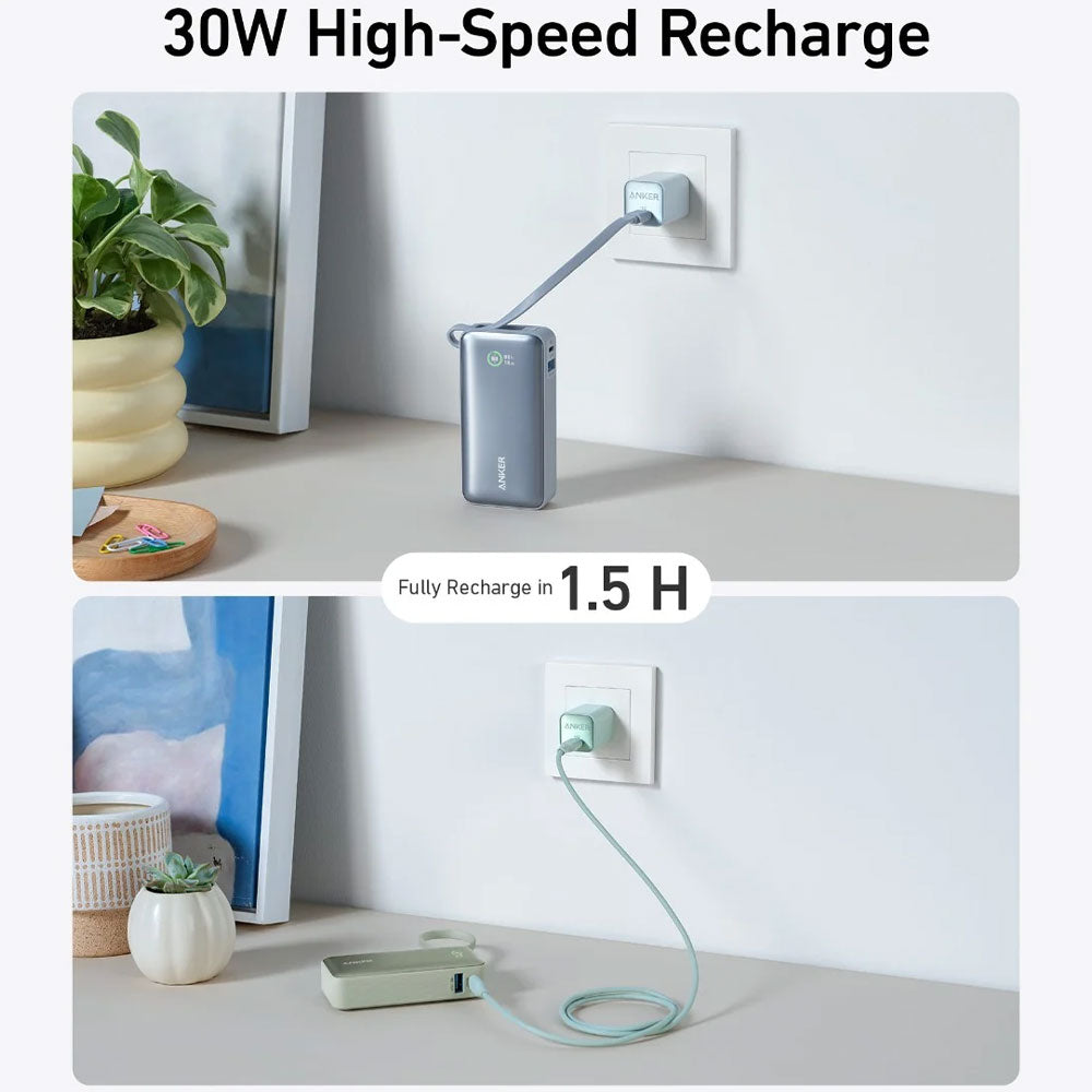 Anker Nano A1259H21 Power Bank USB + Type-C 30W 10000mAh Built-In Type-C Cable - Shell White