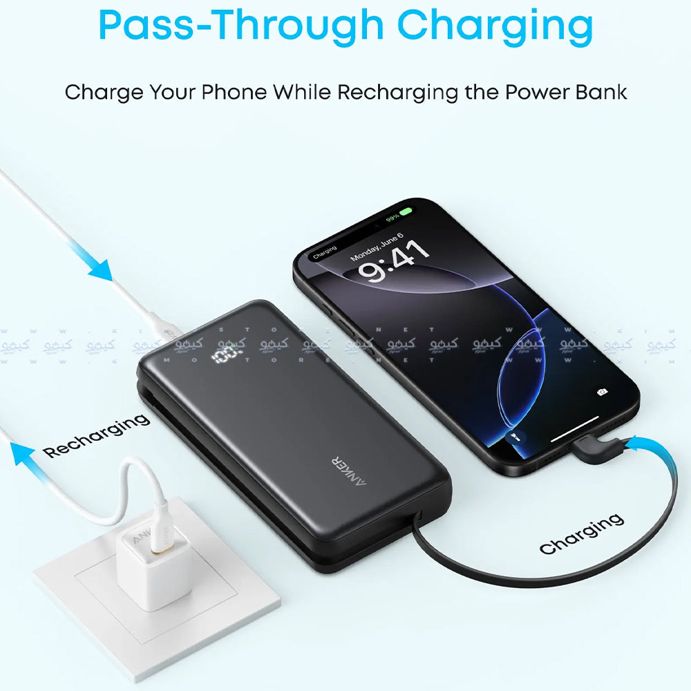 Anker Zolo A110EH11 Power Bank Type-C + USB 22.5W Fast Charging 20000mAh Built in Type-C Cable - Black