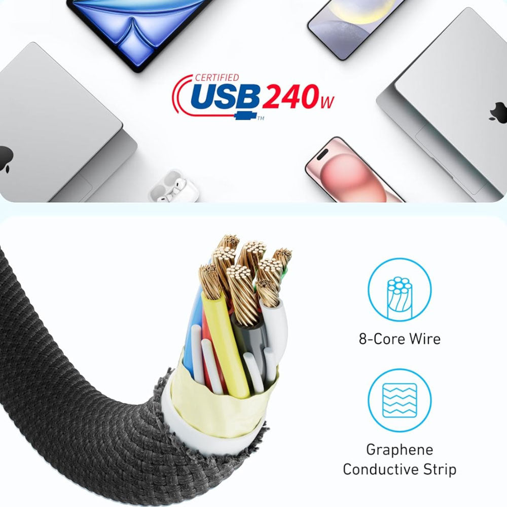 كابل شاحن موبايل انكر تايب سي إلى تايب سي بقوة 240 وات شحن سريع 1.8 متر Zolo A8060H12 - اسود