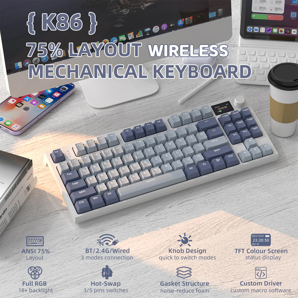 Attack Shark K86 Blue Whale Switch Triple Mode Rechargeable Bluetooth Wireless & Wired RGB Gaming Keyboard English & Arabic