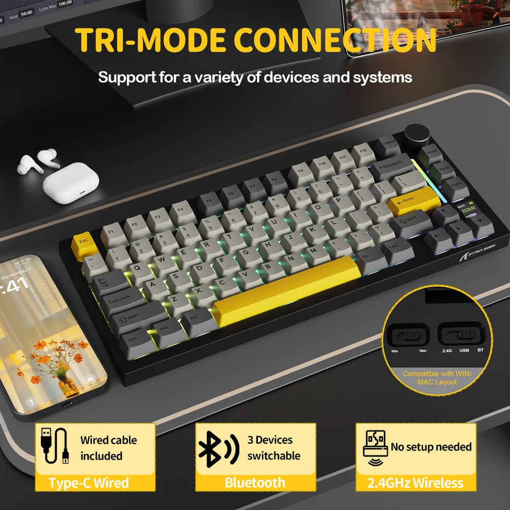 Attack Shark X820 Ultra Gift Switch Triple Mode Rechargeable Bluetooth Wireless & Wired RGB Gaming Keyboard English & Arabic