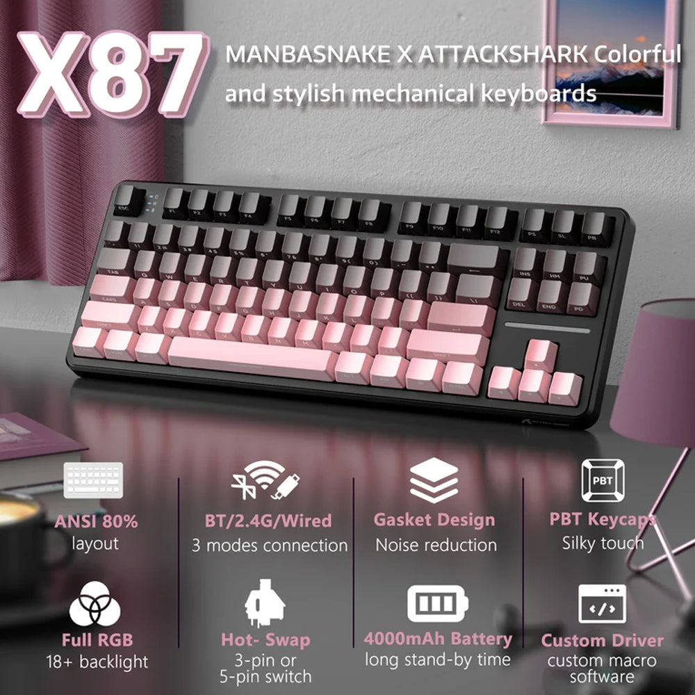 كيبورد أتاك شارك سلكي و لاسلكي بلوتوث ثلاثي الوضع قابل للشحن RGB جيمنج سويتش ستروبري إنجليزي وعربي X87