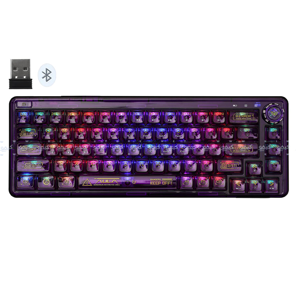 كيبورد اولا سلكي و لاسلكي بلوتوث سويتش RGB Ice Crystal جيمنج إنجليزي Wind F68 LEOBOG - بنفسجي شفاف