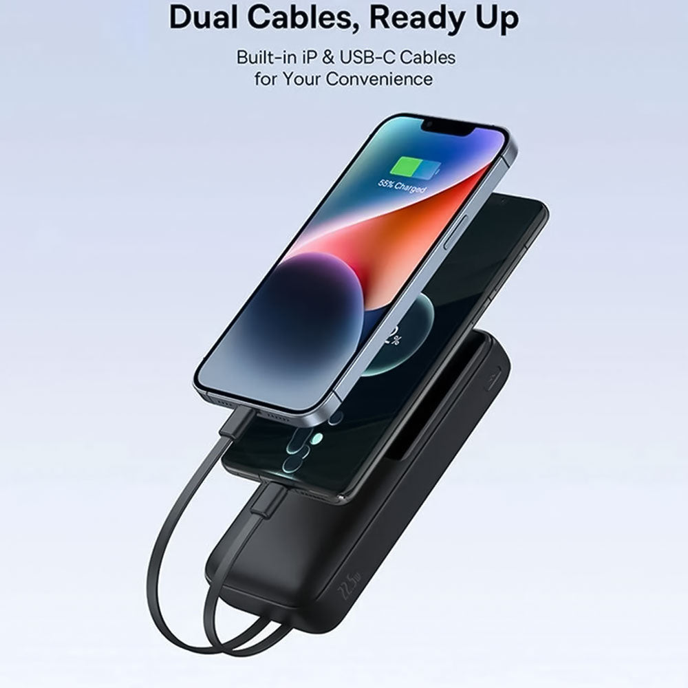 Baseus Lipow PPJP312 Power Bank USB + Type-C + Micro 22.5W Fast Charging 20000mAh Built-in 2 Cables - Black