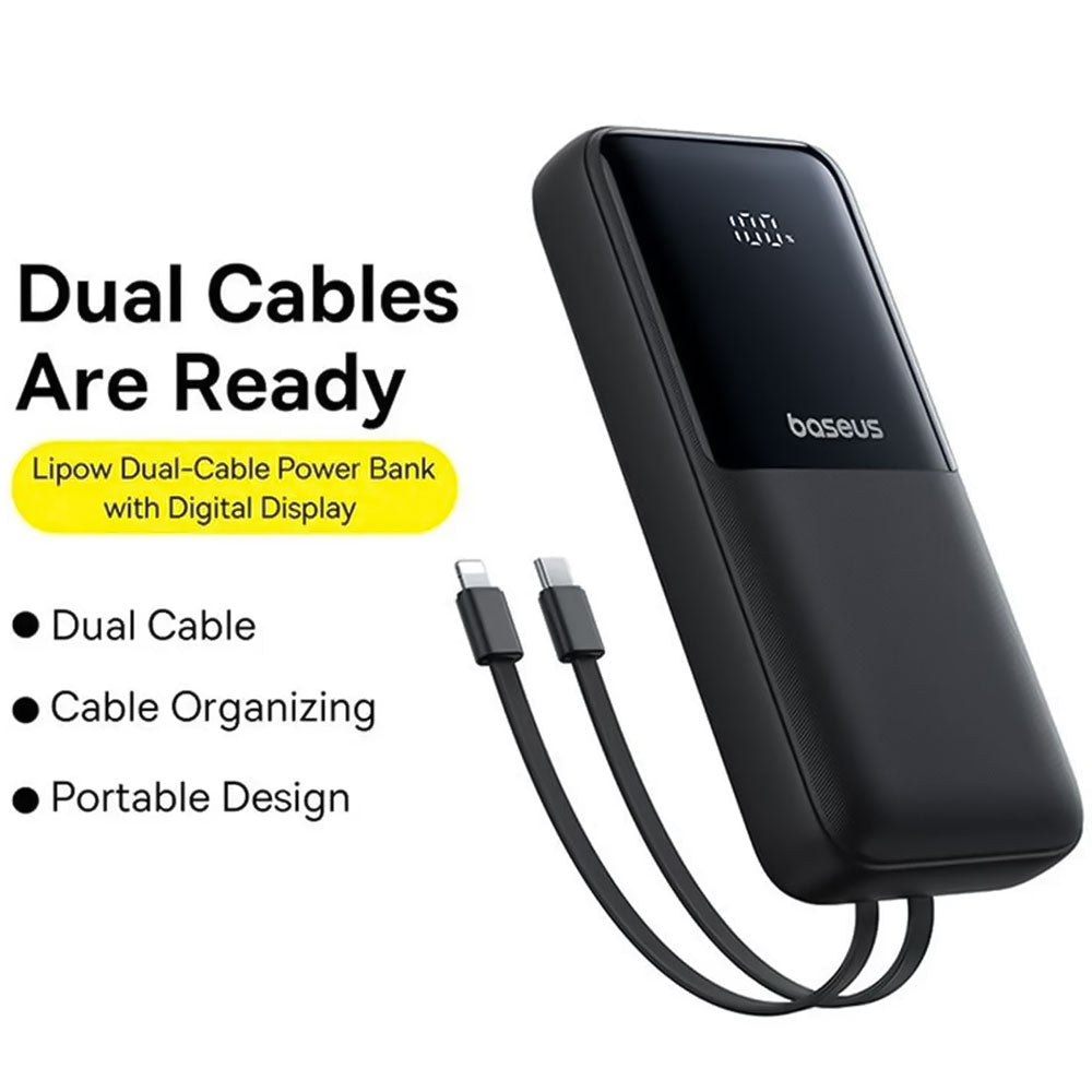 Baseus Lipow PPJP312 Power Bank USB + Type-C + Micro 22.5W Fast Charging 20000mAh Built-in 2 Cables - Black