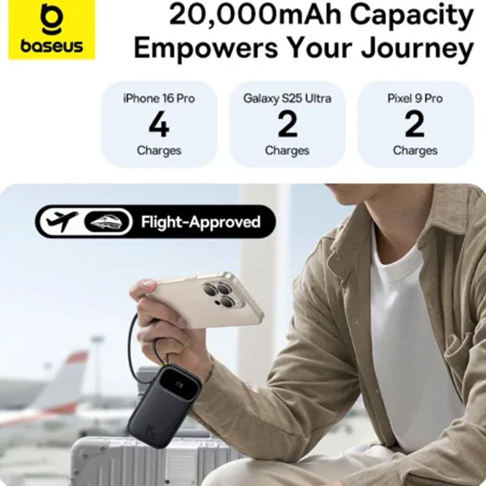 Baseus QPow 3 PPQD3-2040 Power Bank USB + Type-C 45W Fast Charging 20000mAh Built-in 2 Cables - Black