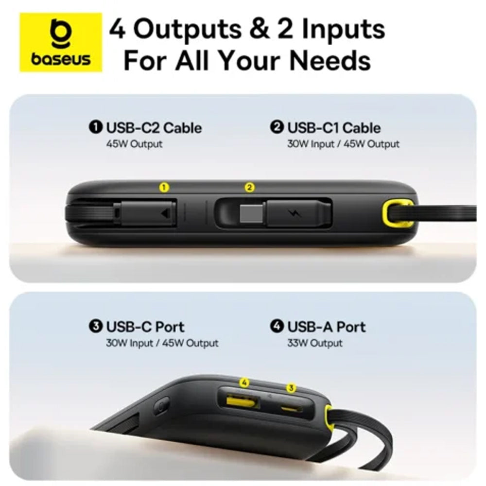 Baseus QPow 3 PPQD3-2040 Power Bank USB + Type-C 45W Fast Charging 20000mAh Built-in 2 Cables - Black