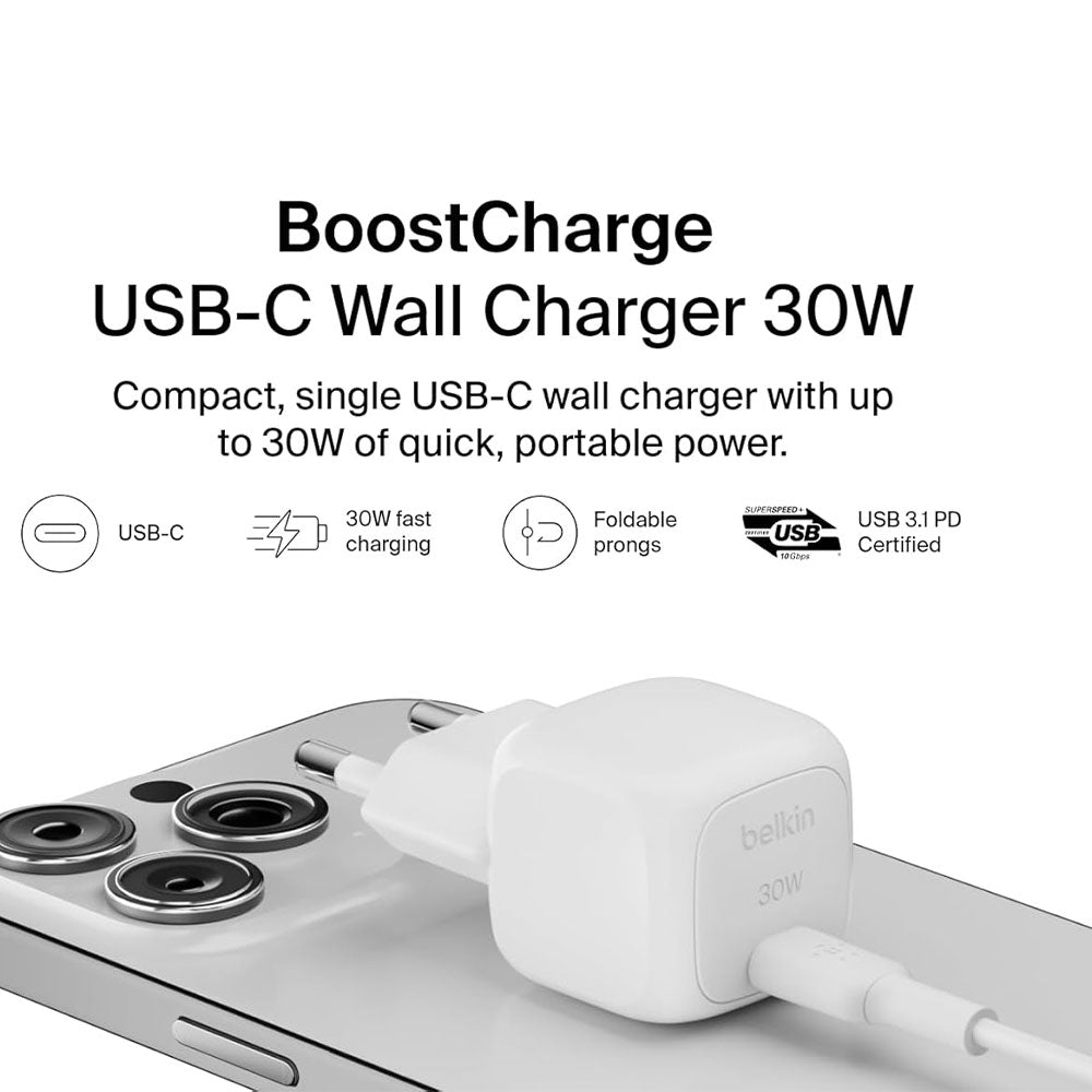 Belkin WCA008KQV2 Wall Charger Type-C + Type-C Cable 30W Fast Charging - White
