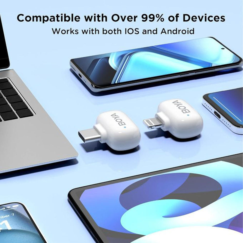 نظام ميكروفون بويا لاسلكي ثنائي القناة بمنفذ لايتنينج و منفذ تايب سي 2.4 جيجاهرتز Mini-13 - أبيض