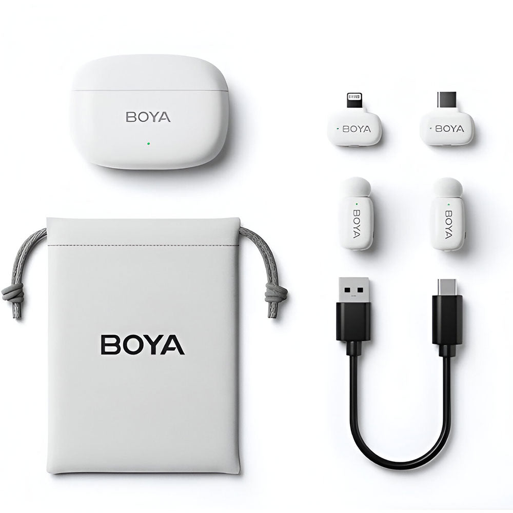 نظام ميكروفون بويا لاسلكي ثنائي القناة بمنفذ لايتنينج و منفذ تايب سي Mini-13 - أبيض