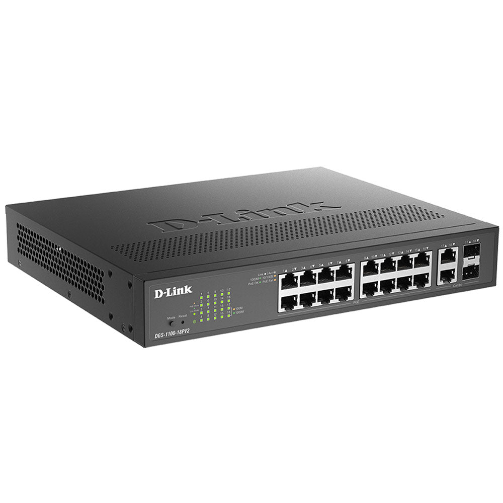 D-Link DGS-1100-18PV2 Smart Managed Desktop Switch 16 Ports PoE 10/100/1000Mbps + 2 Ports SFP 10/100/1000Mbp