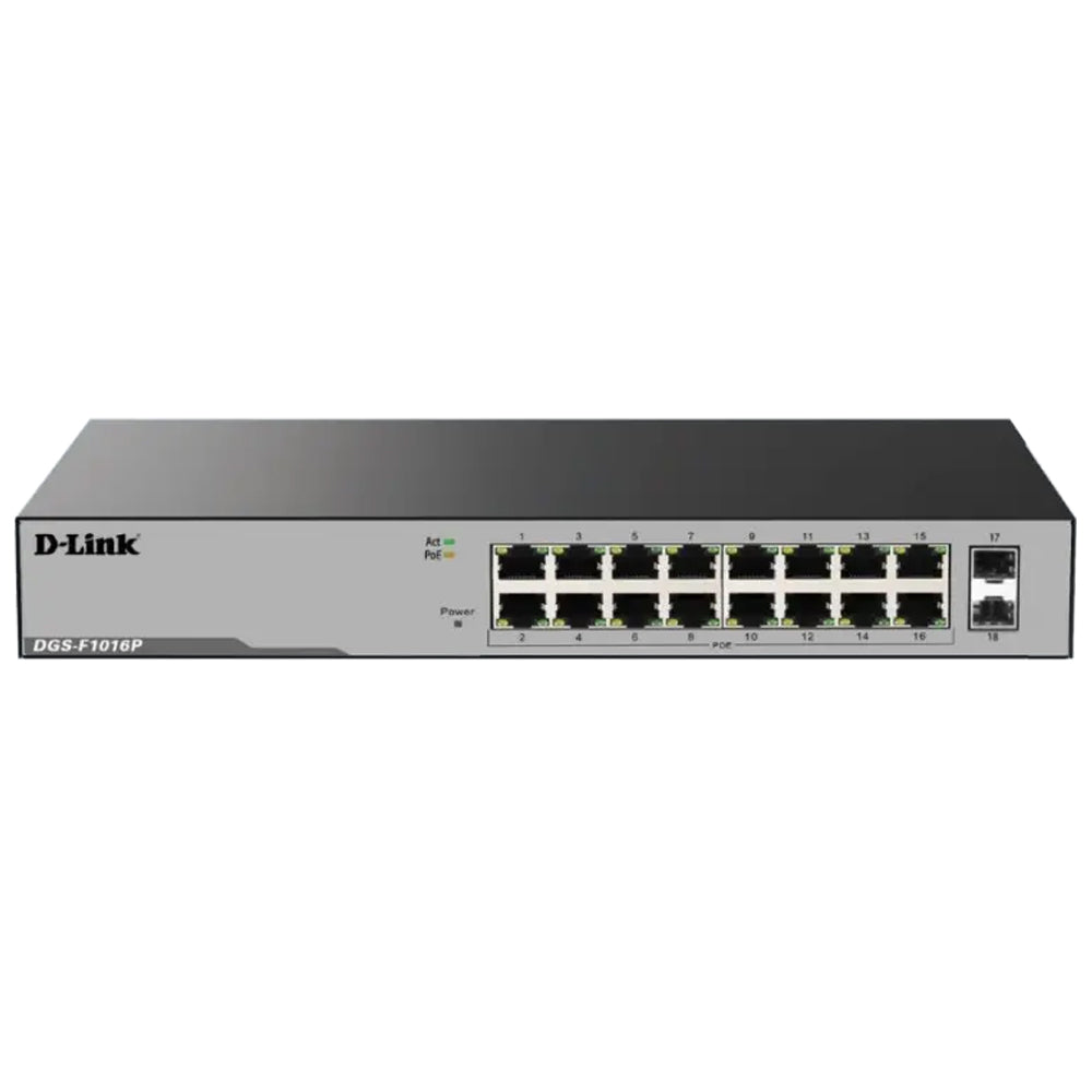 سويتش دي لينك 16 منفذ 10/100/1000 ميجابت في الثانية PoE + منفذين (SFP) 10/100/1000 ميجابت في الثانية Uplink DGS-F1016P Unmanaged Rackmount