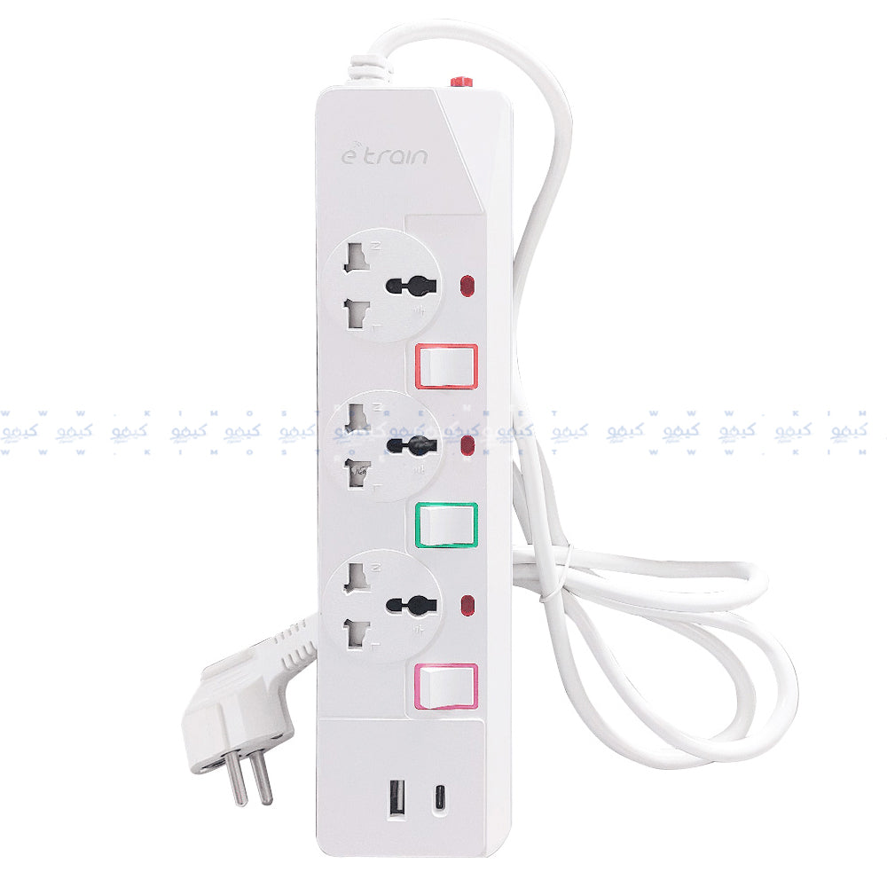 مشترك كهرباء ايترين 3 منافذ + يو اس بي + تايب سي 2500 وات 1.5 متر PS074 - ابيض