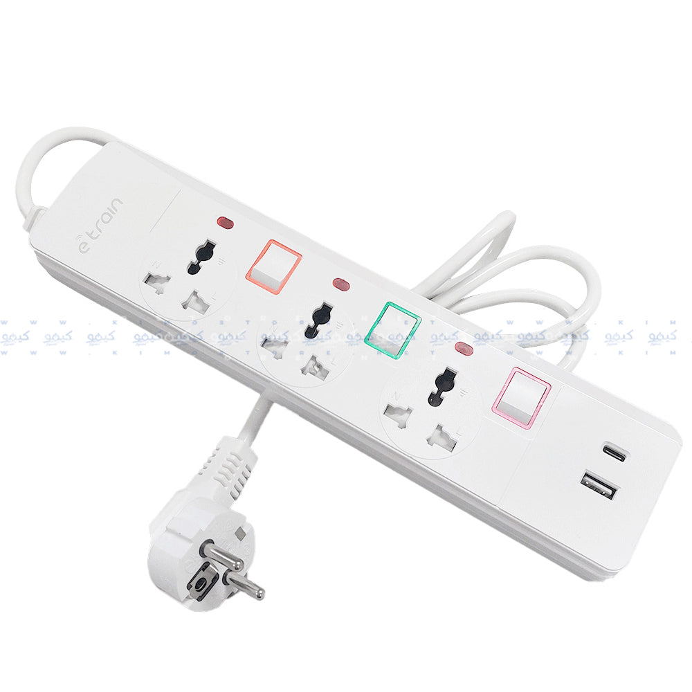 مشترك كهرباء ايترين 3 منافذ + يو اس بي + تايب سي 2500 وات 1.5 متر PS074 - ابيض