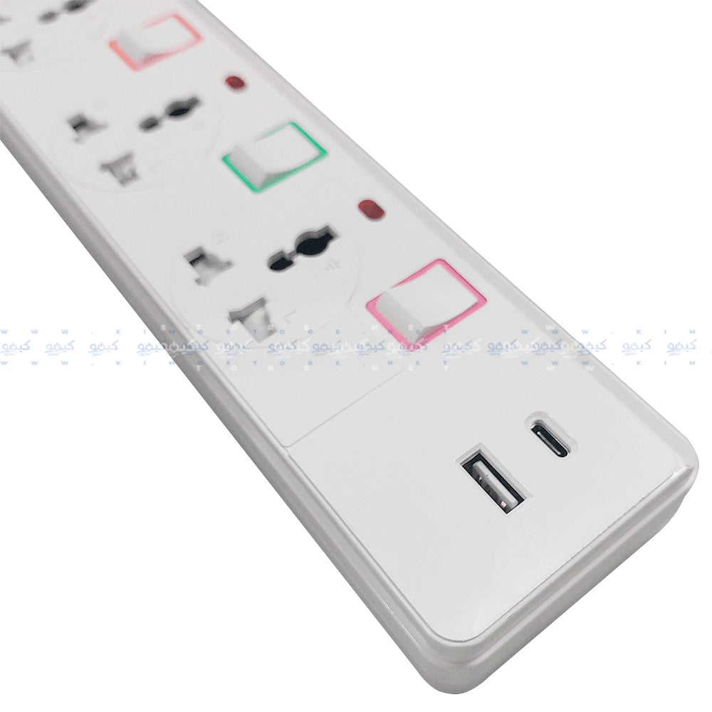 مشترك كهرباء ايترين 3 منافذ + يو اس بي + تايب سي 2500 وات 1.5 متر PS074 - ابيض