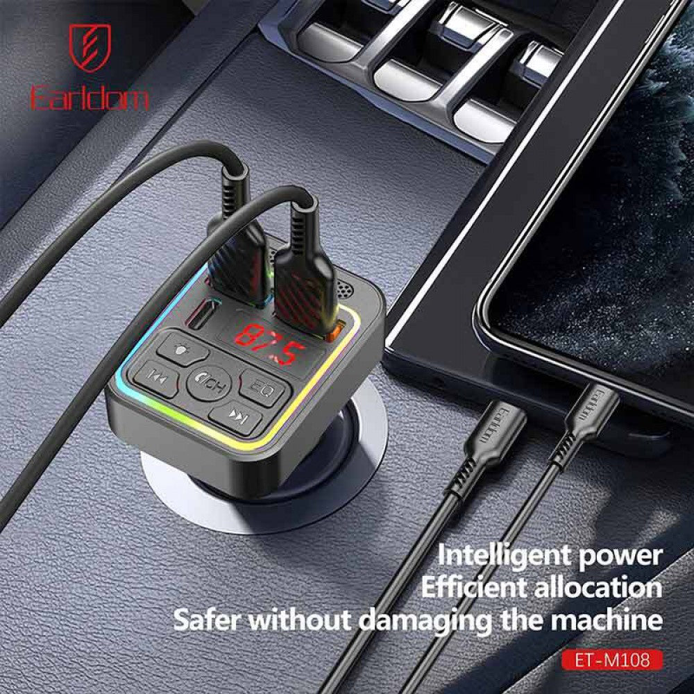Earldom M108 4in1 RGB Bluetooth FM Transmitter Type-C + 2x USB 3.1A Fast Charging - Black