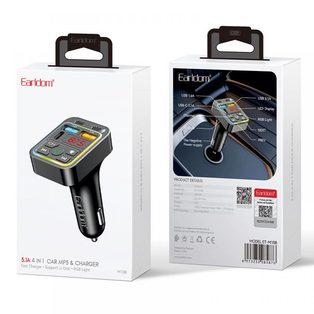 Earldom M108 4in1 RGB Bluetooth FM Transmitter Type-C + 2x USB 3.1A Fast Charging - Black
