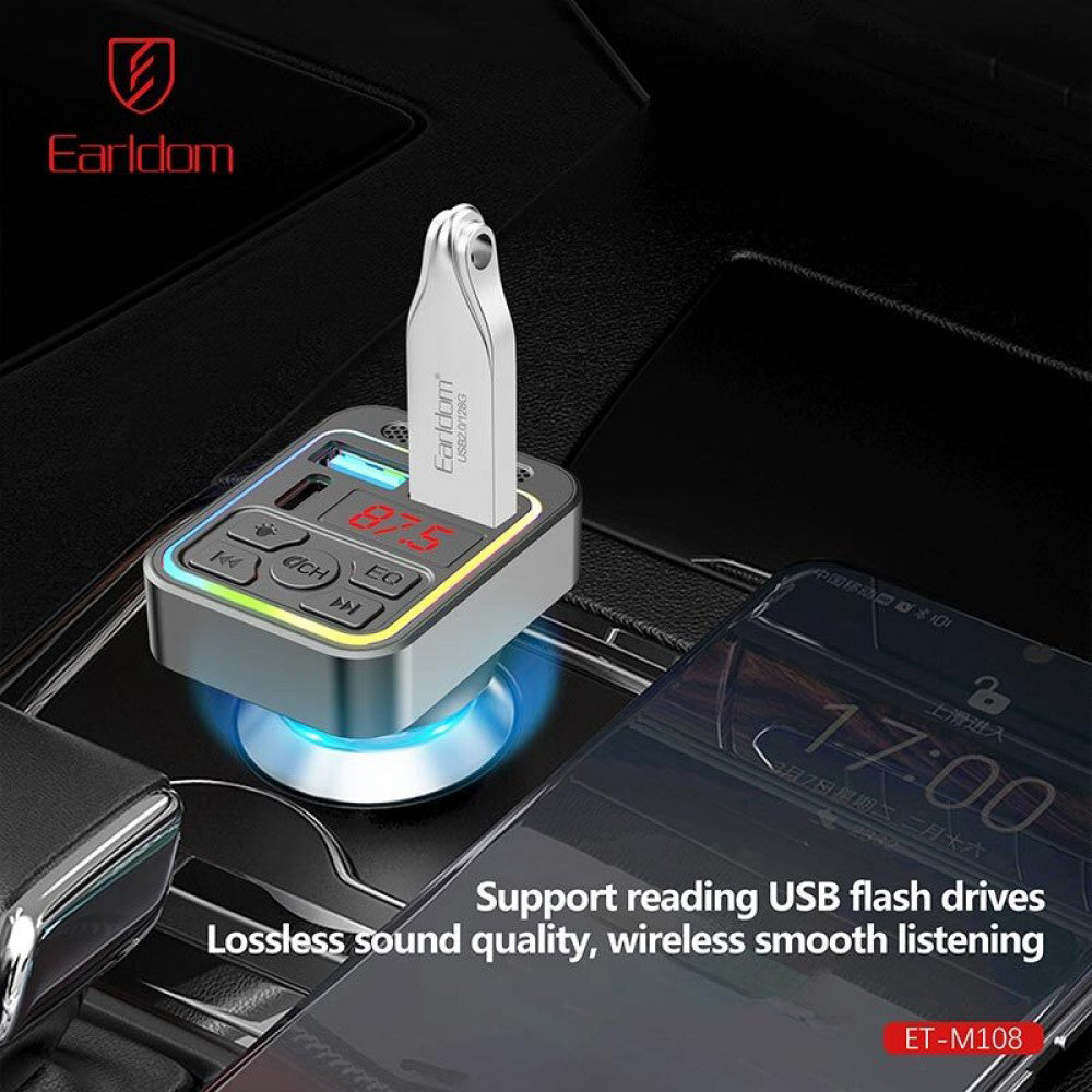 Earldom M108 4in1 RGB Bluetooth FM Transmitter Type-C + 2x USB 3.1A Fast Charging - Black