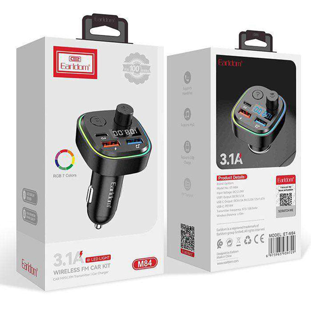 Earldom M84 RGB Bluetooth FM Transmitter 2x USB + PD Type-C 3.1A Fast Charging - Black