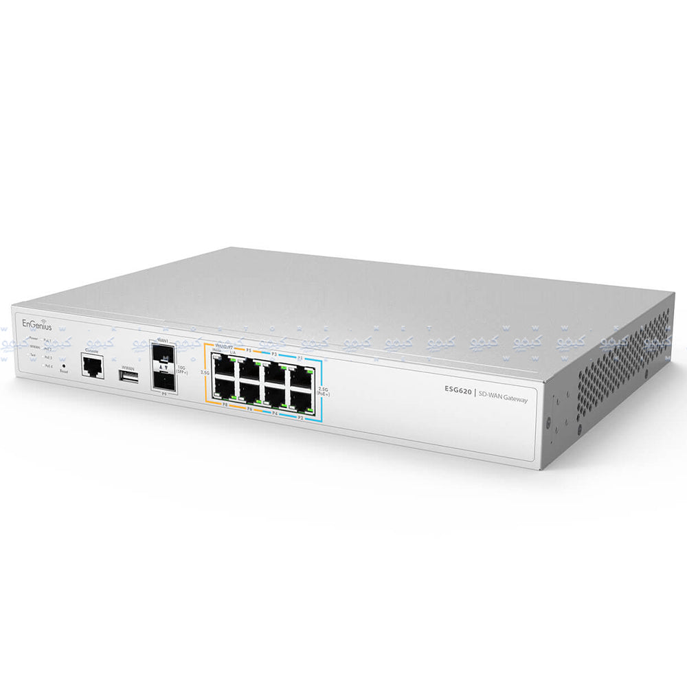 EnGenius ESG620 Cloud VPN Router 4 Ports 10/100/1000/2500Mbps + 4 Ports PoE+ 10/100/1000/2500Mbps + 2 Ports SFP+ 10/100/1000Mbps + RJ-45 Console Port 110W