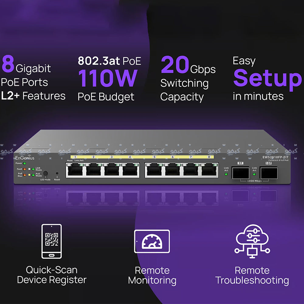 EnGenius EWS2910FP-FIT Managed Desktop Switch 8 Ports PoE+ 10/100/1000Mbps + 2 Ports SFP 10/100/1000Mbps 110W