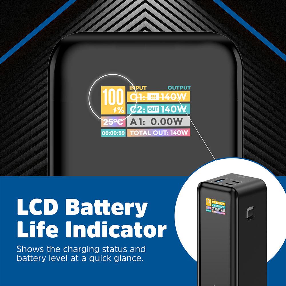 باور بانك إنرجايزر بمنفذ يو اس بي + منفذين تايب سي 140 وات 27000 مللي أمبير شحن سريع XP27000PD - أسود
