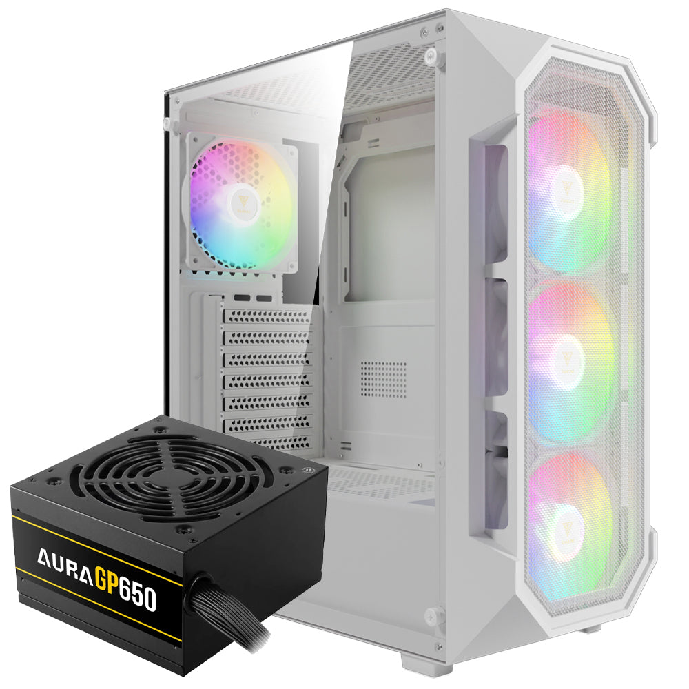 Gamdias AURA GC1 ELITE WHITE ARGB Gaming Mid Tower Case + AURA GP650 80 Plus White Power Supply 650W