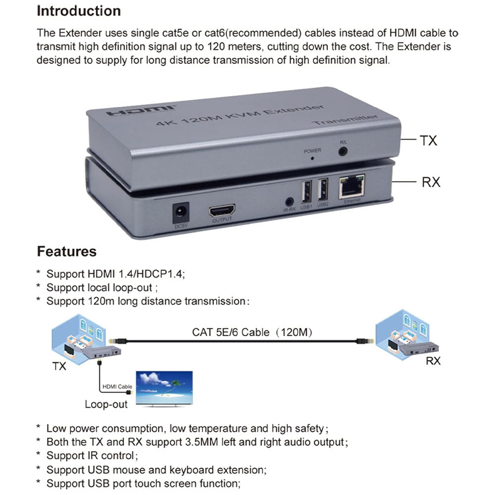موصل HDMI KVM IP جي ماكس بطول 200 متر لكابل Lan CAT5E/6