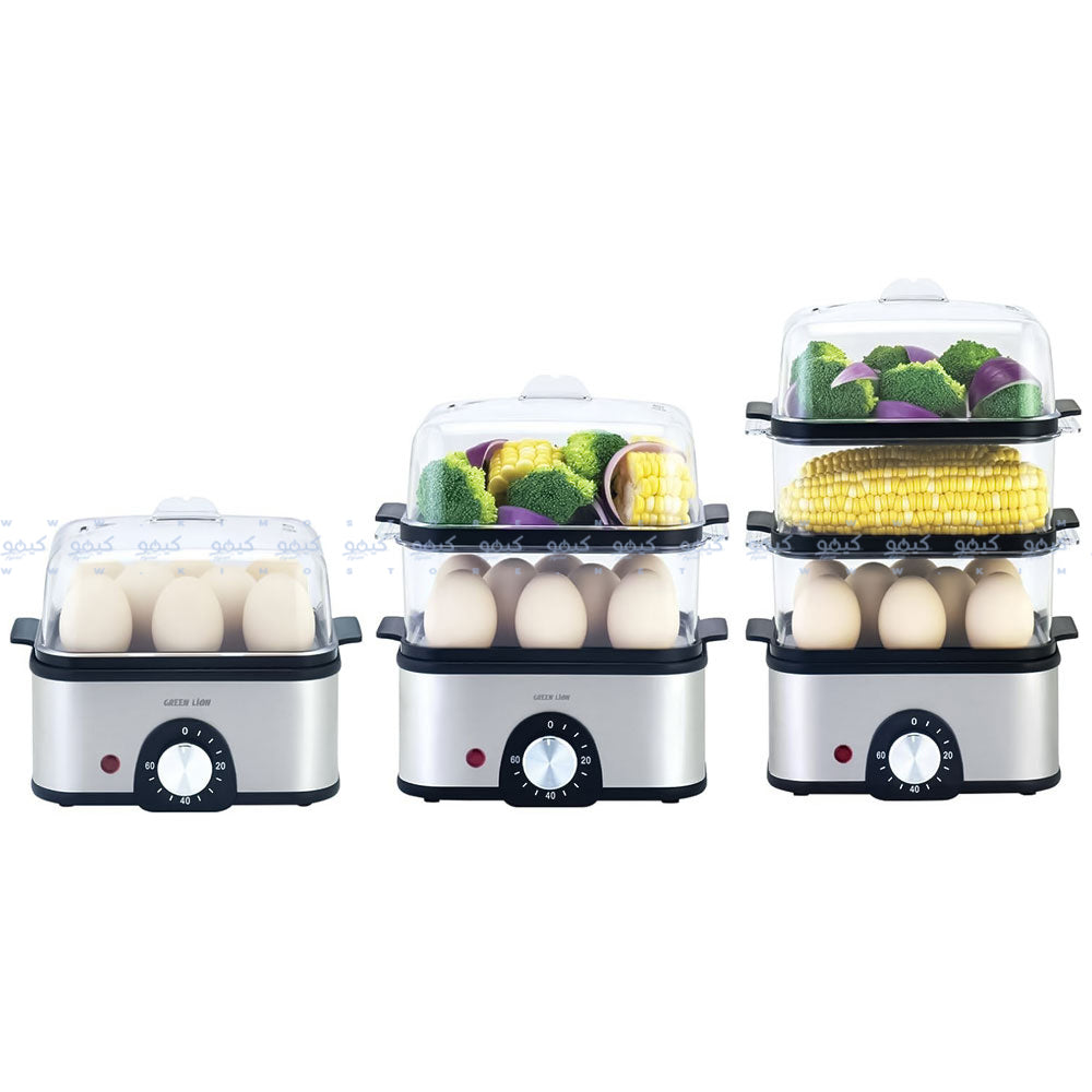 جهاز طهي البيض والخضروات بثلاث طبقات جرين ليون 500 وات GN3TREGGCKGY - رمادي