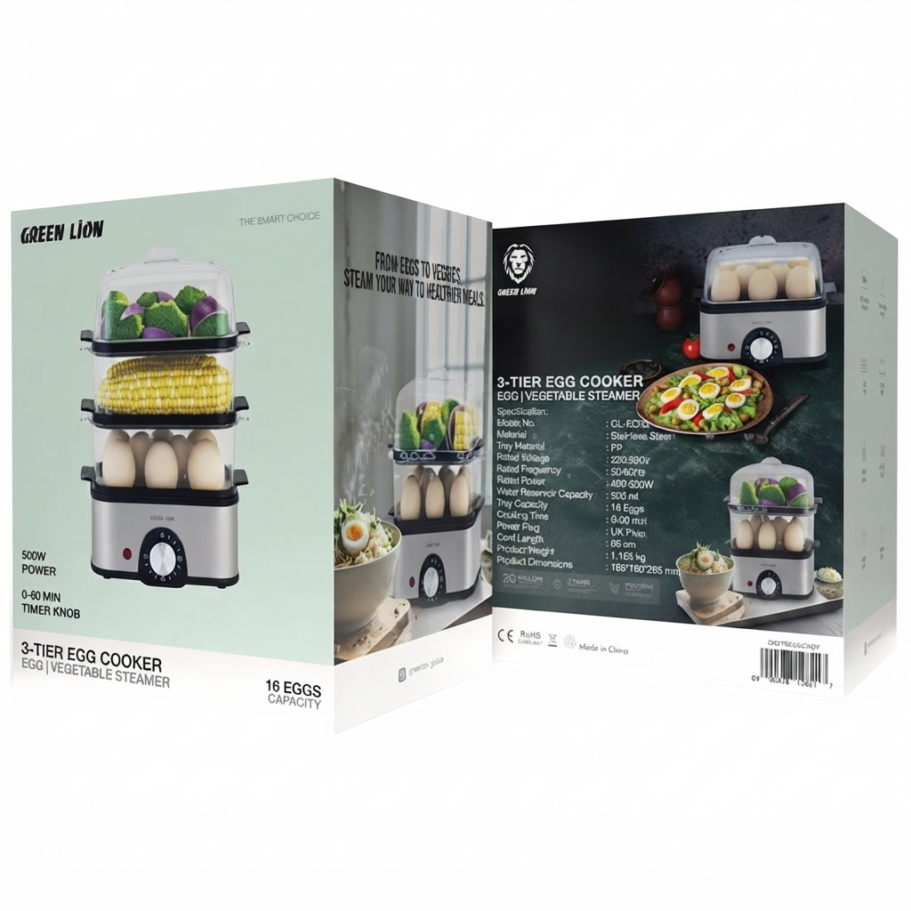 Green Lion 3-Tier Egg & Vegetable Steamer Cooker GN3TREGGCKGY 500W - Gray