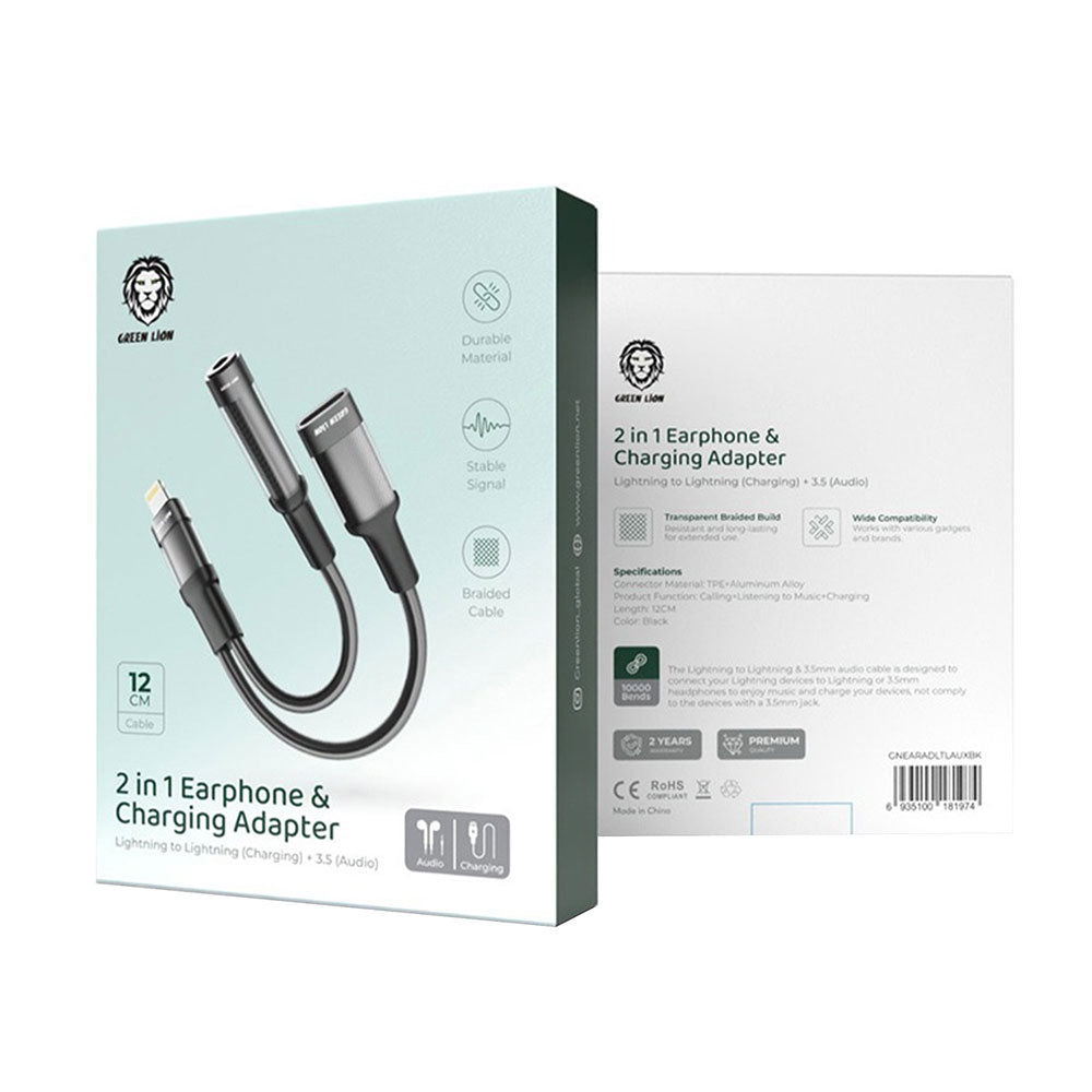Green Lion GNEARADLTLAUXBK Lightning To Female Lightning + Female 3.5mm Converter