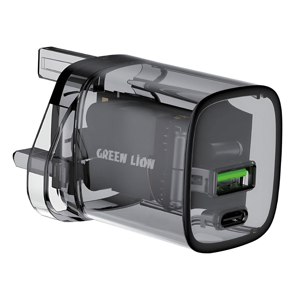 Green Lion GNTRWC33WBK Transparent Wall Charger PD Type-C + USB 33W Fast Charging (UK Plug)