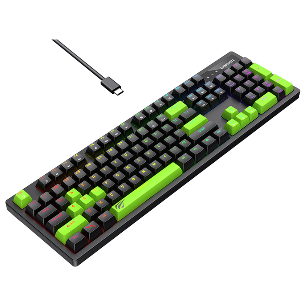 كيبورد هافيت سلكي سويتش ازرق RGB جيمنج إنجليزي وعربي KB893L - أسود x أخضر