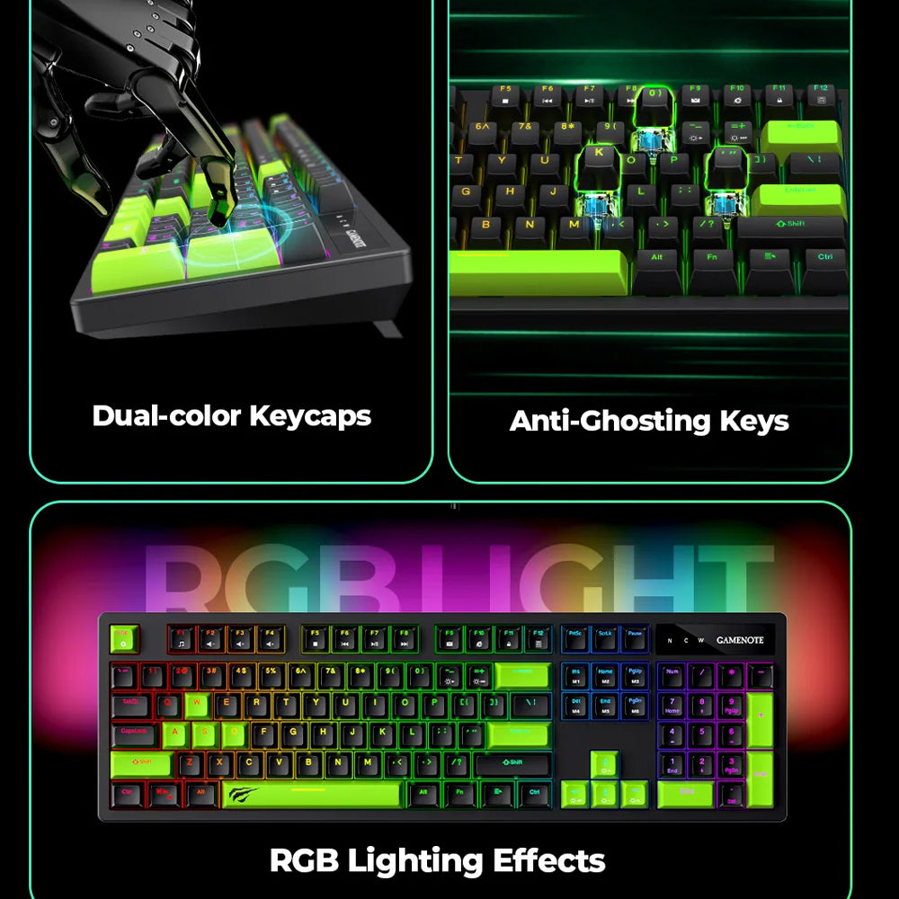 كيبورد هافيت سلكي سويتش ازرق RGB جيمنج إنجليزي وعربي KB893L - أسود x أخضر