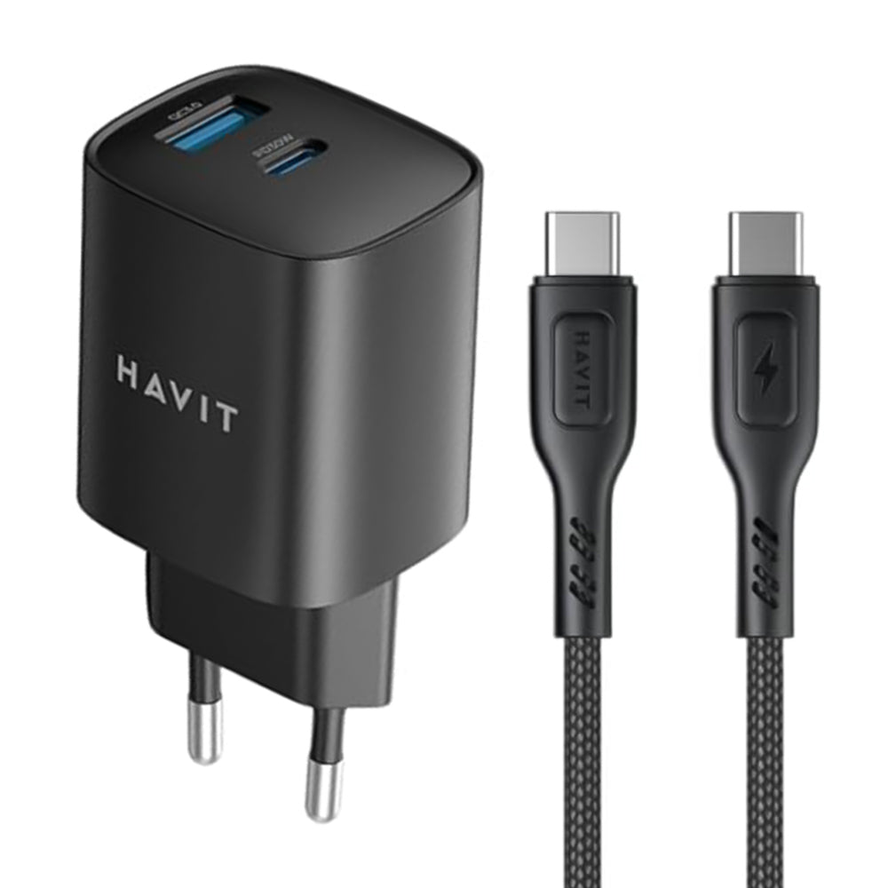 Havit ST932 Wall Charger PD Type-C + USB + Type-C Cable 30W Fast Charging - Black