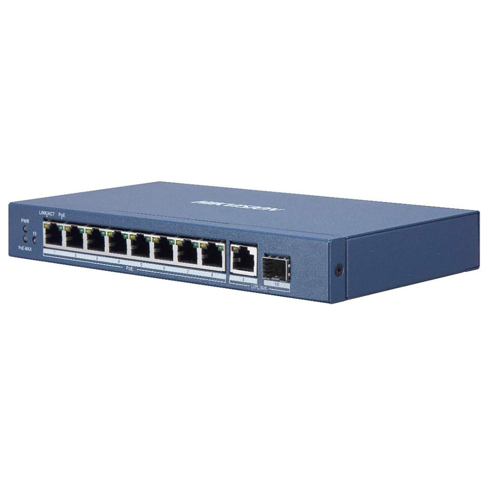 سويتش هيكفيجن 8 منافذ 10/100/1000 ميجابت/ثانية PoE + منفذ (RJ45) 10/100/1000 ميجابايت/ثانية + منفذ 10/100/1000 ميجابت/ثانية SFP فايبر اوبتيكال 58 وات DS-3E0510P-E/M Unmanaged Desktop